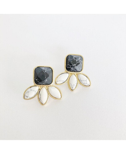 Sanctuary Project by Semi Precious Black and White Howlite Three Stone Stud Earrings Gold