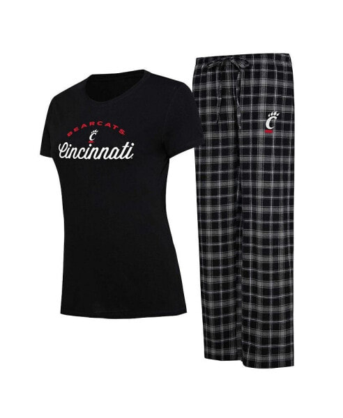 Women's Black, Gray Cincinnati Bearcats Arctic T-shirt and Flannel Pants Sleep Set