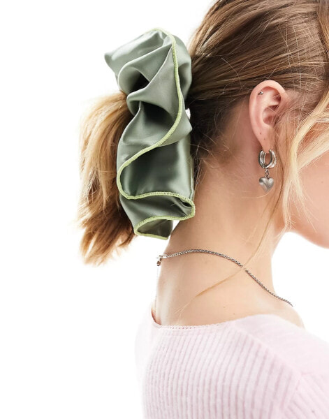 DesignB London maxi satin hair scrunchie in sage green