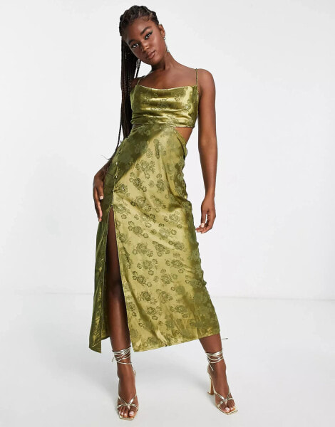 Love Triangle – Satin-Maxikleid aus floralem Jacquard in Khaki