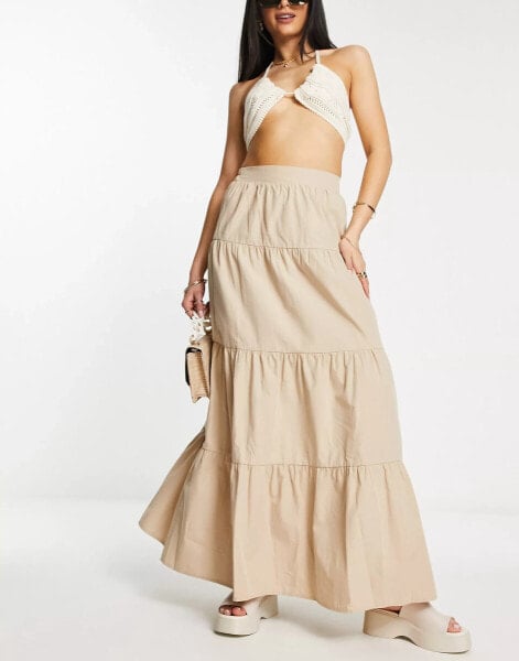 Miss Selfridge poplin tiered maxi skirt in stone