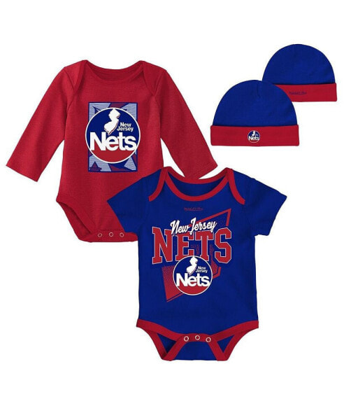 Infant Boys and Girls Blue, Red New Jersey Nets Hardwood Classics Bodysuits and Cuffed Knit Hat Set