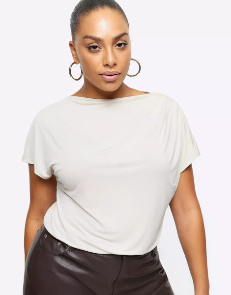 River Island Plus t-shirt with draped neck line in cream