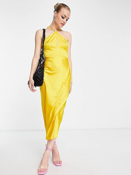 Public Desire satin midi dress with cross neck in mustard