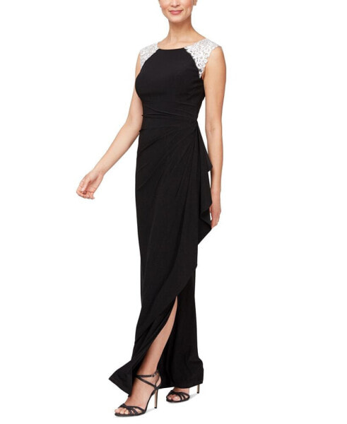 Petite Embellished-Shoulder Draped Gown