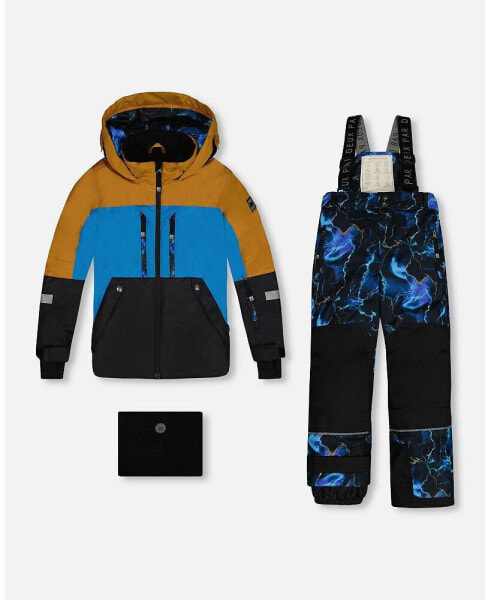 Little Boys Two Piece Technical Snowsuit Brown, Blue And Black With Printed Storm - Toddler|Child