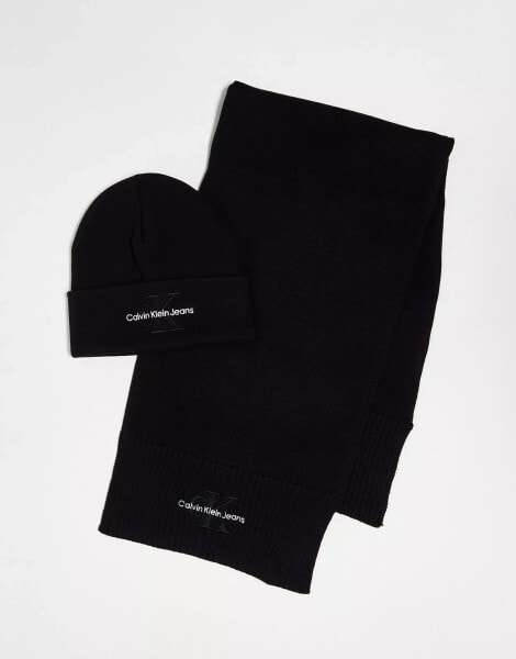 Calvin Klein Jeans monogram beanie and scarf set in black