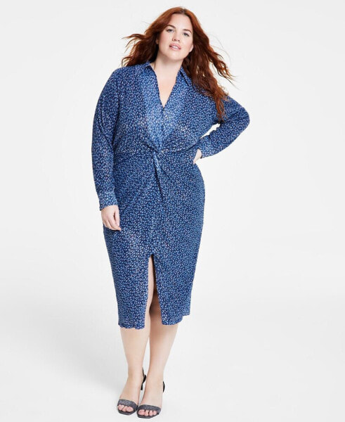 Plus Size Twist-Front Collared Shirt Dress