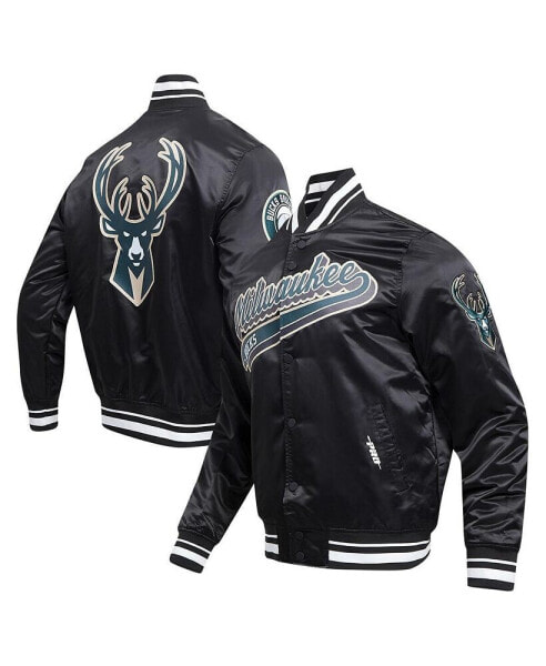 Men's Black Milwaukee Bucks Script Tail Full-Snap Satin Varsity Jacket
