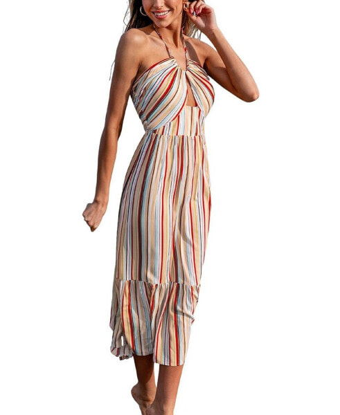 Women's Striped Halterneck Sleeveless Maxi Beach Dress