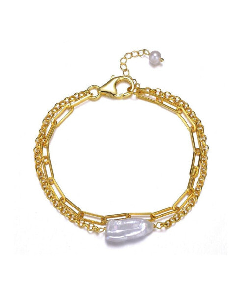 14k Yellow Gold Plated with Free-Form Genuine Freshwater Pearl Cable Rolo Chain Double Layer Bracelet in Sterling Silver