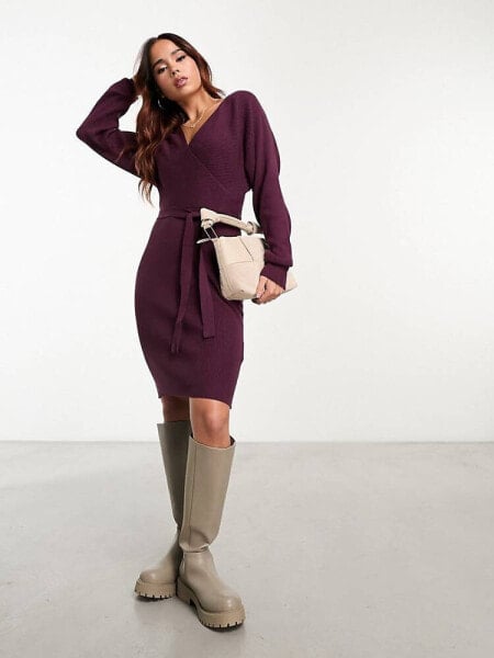 Vero Moda wrap belted long sleeve knitted mini dress in burgundy 