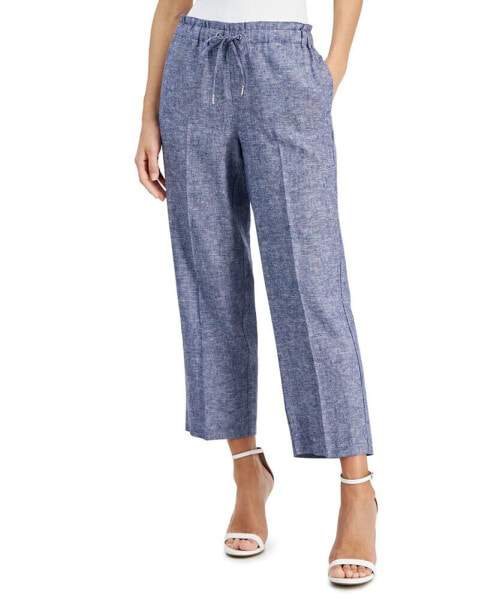 Women's Linen-Blend Mid Rise Drawstring-Waist Crop Pants