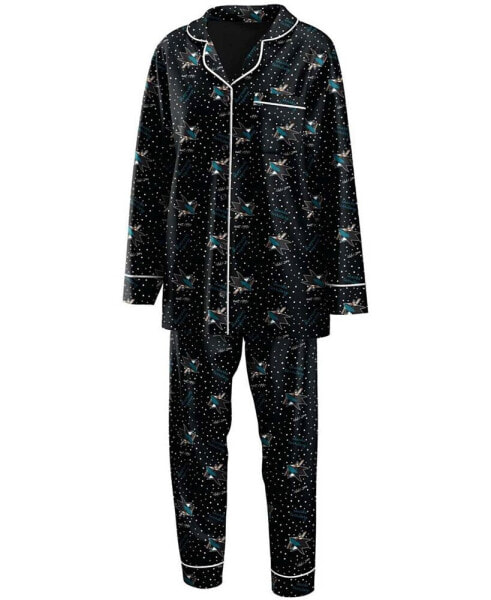 Women's Black San Jose Sharks Long Sleeve Button-Up Shirt and Pants Sleep Set