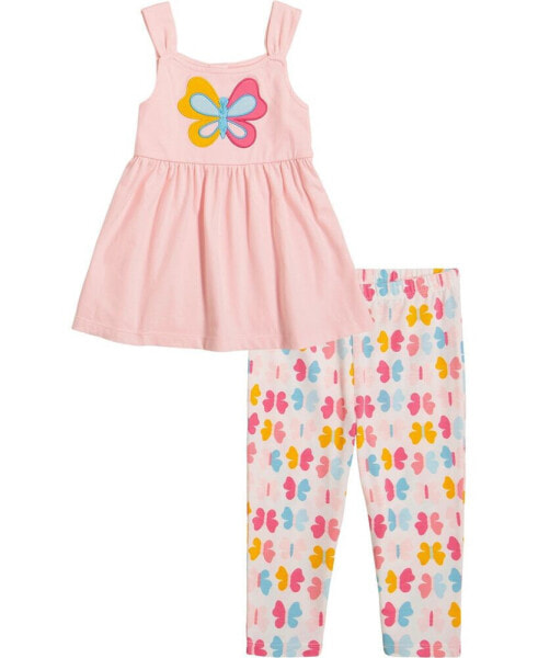 Little Girls Butterfly Babydoll Tunic Top and Print Capri Leggings, 2 Piece Set