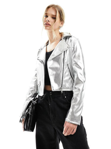 Bershka metallic biker jacket in silver