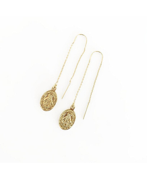 Dainty Oval Saint Medallion Coin Threader Drop Earrings Gold