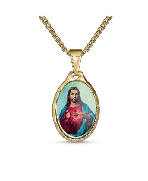 Oval Religious Medal Medallion Sacred Heart Of Jesus Photo Pendant Necklace For Women Teen Yellow Gold Plated