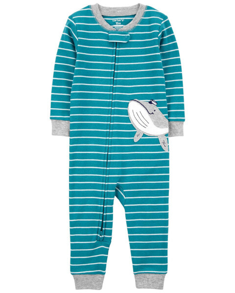 Toddler 1-Piece Striped Whale 100% Snug Fit Cotton Footless Pajamas 5T