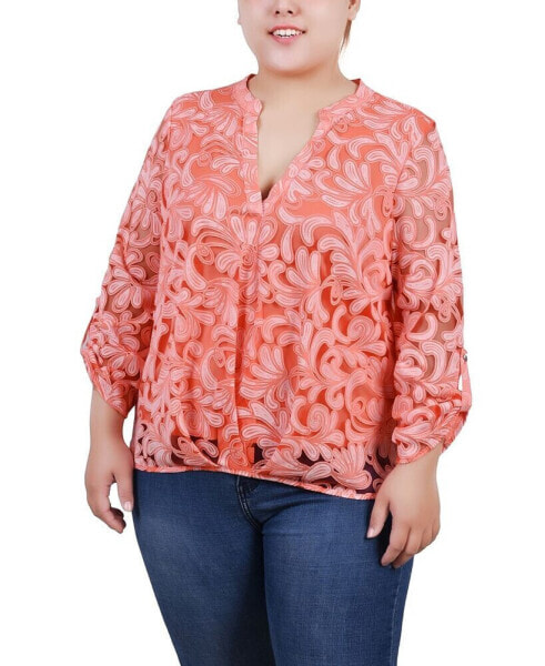 Plus Size Long Sleeve Burnout Y-Neck Blouse