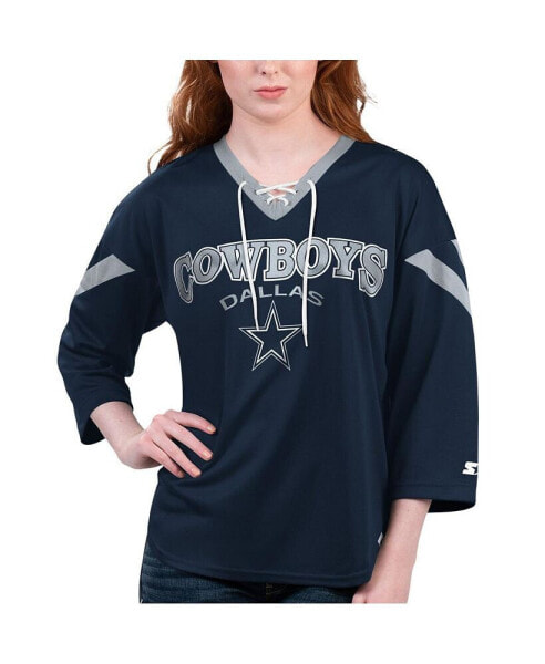 Women's Navy Dallas Cowboys Rally Lace-Up 3/4-Sleeve T-shirt