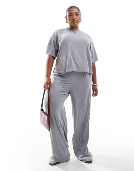 Pieces Curve slinky super soft wide leg trouser co-ord in grey