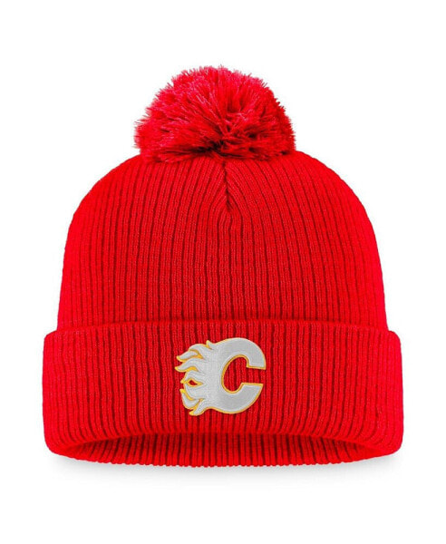 Men's Red Calgary Flames Core Primary Logo Cuffed Knit Hat with Pom