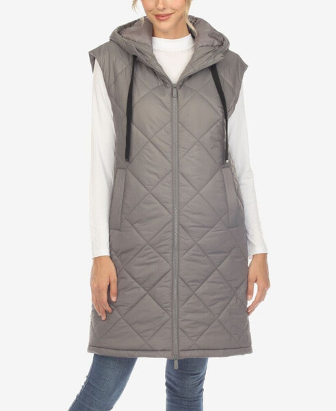 Women's Diamond Quilted Hooded Long Puffer Vest Jacket
