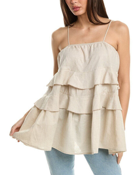 Beulah Tiered Linen Babydoll Top Women's Beige S