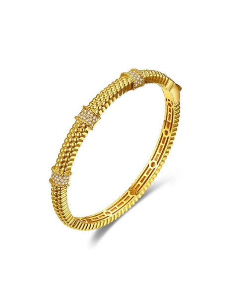 14k Gold Plated with Cubic Zirconia 3D Textured Bangle Bracelet