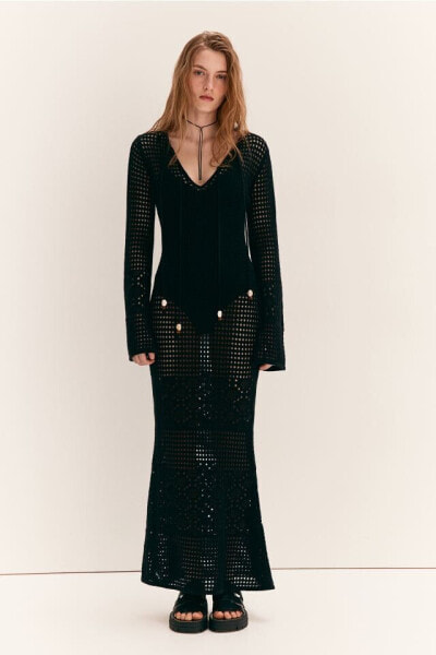 Hole-knit Dress with Beaded Ties