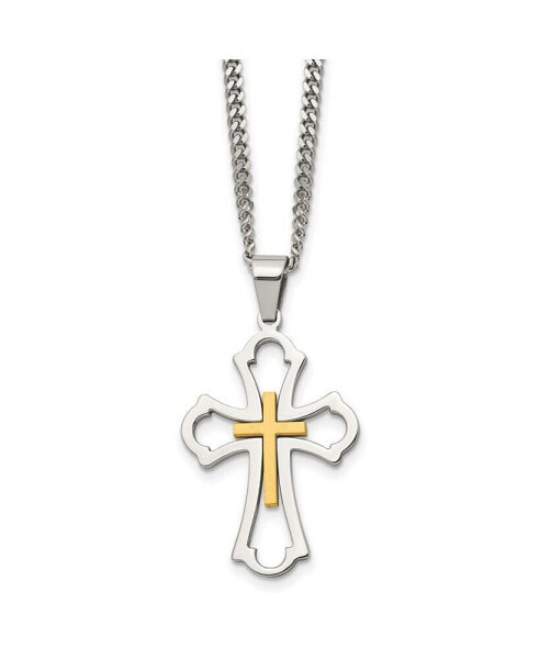 Chisel brushed Yellow IP-plated Cross Pendant Curb Chain Necklace