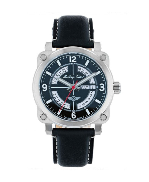 Men's Pilot Collection Three Hand Date Black Genuine Leather Strap Watch, 43mm
