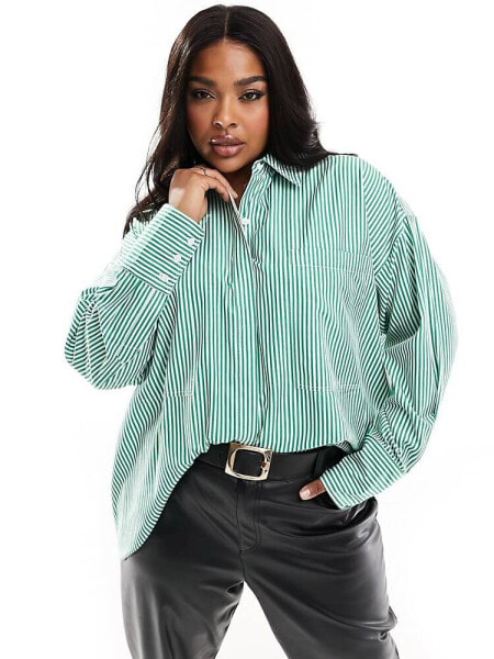 ASOS EDITION Curve oversized cotton shirt in green stripe