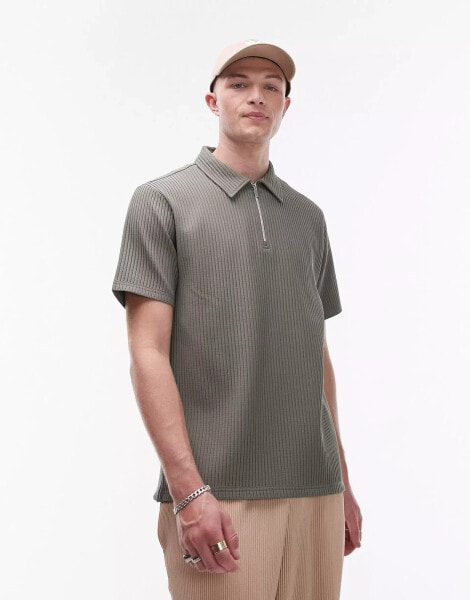 Topman short sleeve 1/4 zip through plisse shirt in khaki