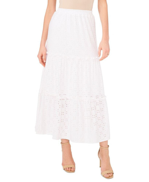 Women's Eyelet Tiered Pull-On Midi Knit Skirt