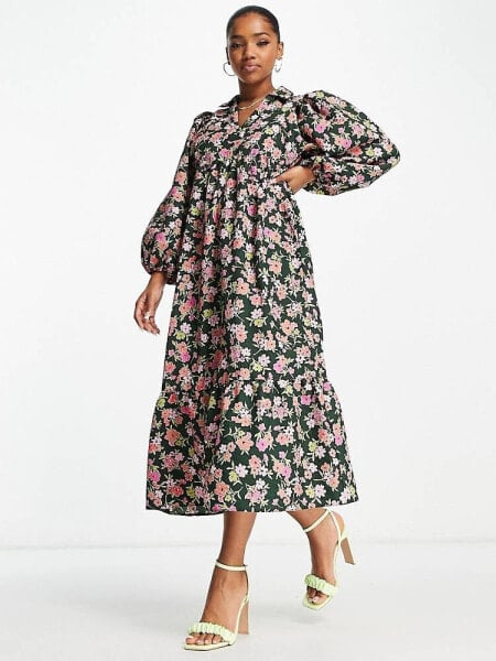 Nobody's Child Henrietta oversize smock midi dress in green floral print