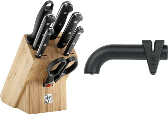 ZWILLING Knife Block, 8 Pieces, Bamboo Block, Knife and Scissors Made of Stainless Steel / Plastic Handle, Twin Gourmet & 32591-000 Twinsharp Knife Sharpener, Black