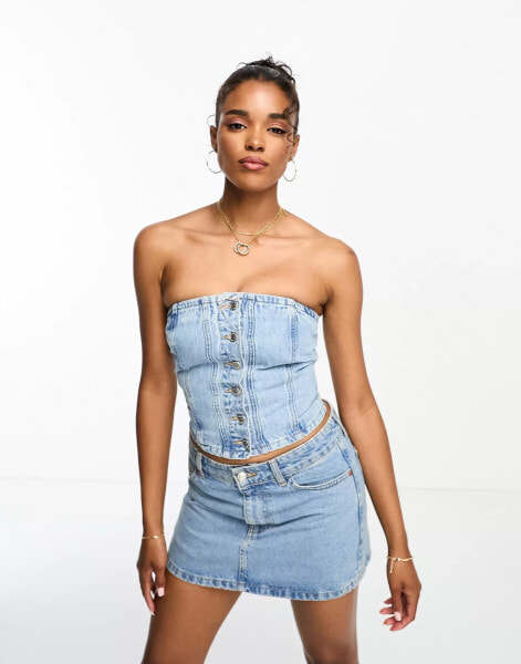 Pull&Bear bandeau denim corset co-ord in medium blue