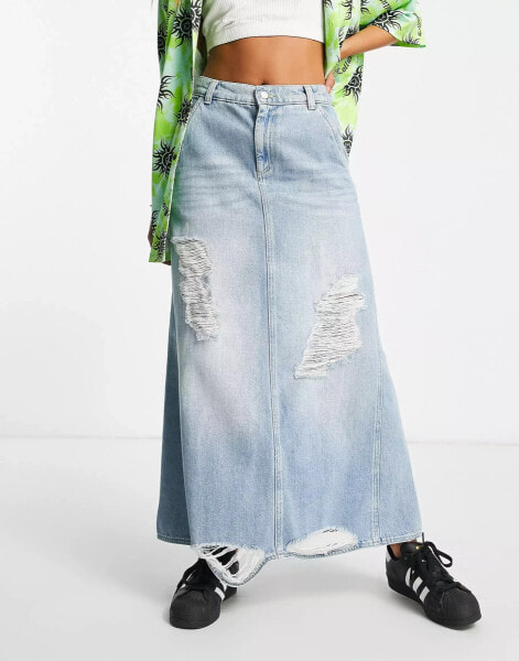 Reclaimed Vintage maxi denim skirt with rips