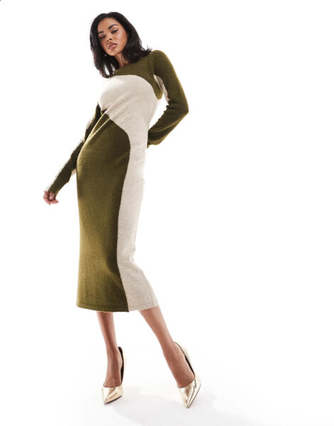 Style Cheat knitted colourblock midi dress in khaki and cream