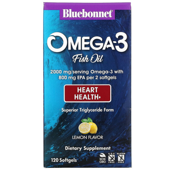 Bluebonnet Nutrition, омега-3 рыбий жир, для здоровья сердца, лимонный вкус, 120 капсул