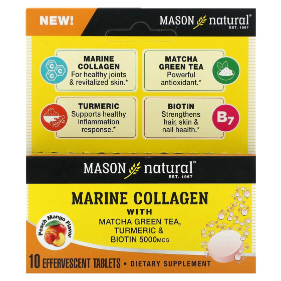 БАД Mason Natural Marine Collagen с Матча, Куркумой и Биотином, Персик-Манго, 5000 мкг, 10 шипучих таблеток