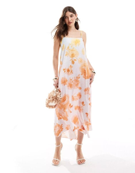 ASOS DESIGN crushed satin slip midi dress in floral ombre print