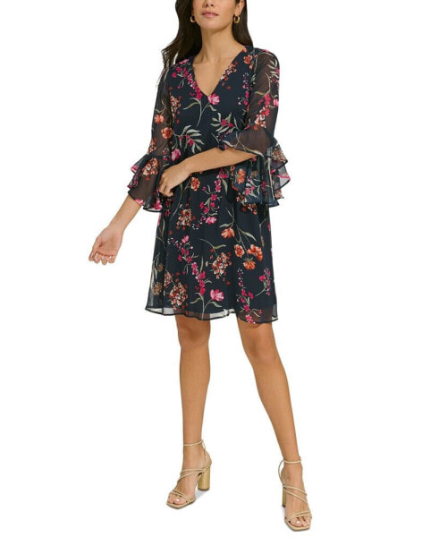 Women's Printed Chiffon Bell-Sleeve Dress