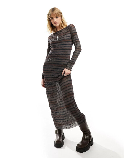 COLLUSION slash neck long sleeve crinkle mesh printed maxi dress in multi