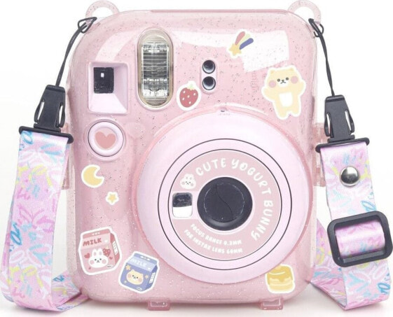 Pokrowiec LoveInstant Futerał Etui Pokrowiec Case do FujiFilm Fuji INSTAX Mini 12 + Naklejki i Kieszeń na Zdjęcia / Jogurtowy Królik / Różowy Brokat