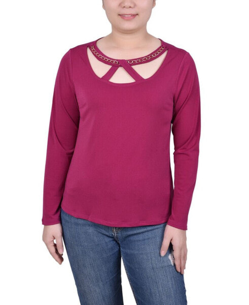 Petite Long Sleeve Jeweled Neck Top