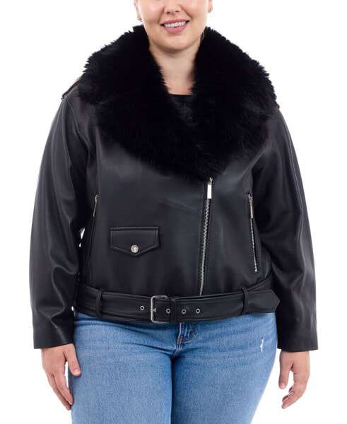 Plus Size Faux-Fur-Collar Leather Moto Coat