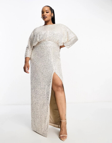 TFNC Plus sequin kimono sleeve maxi dress in silver